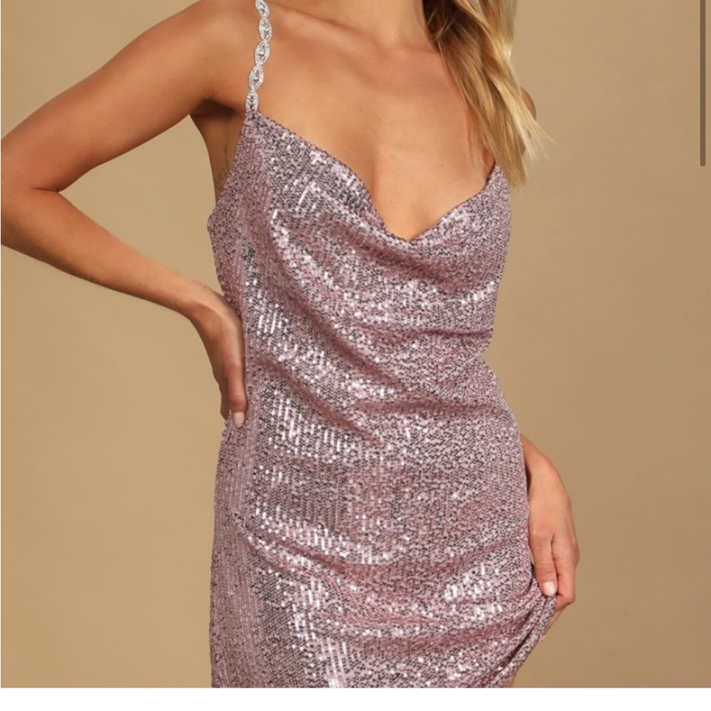 NWT LULU Famous Behavior Mauve Pink Sequin Cowl Neck Mini Dress